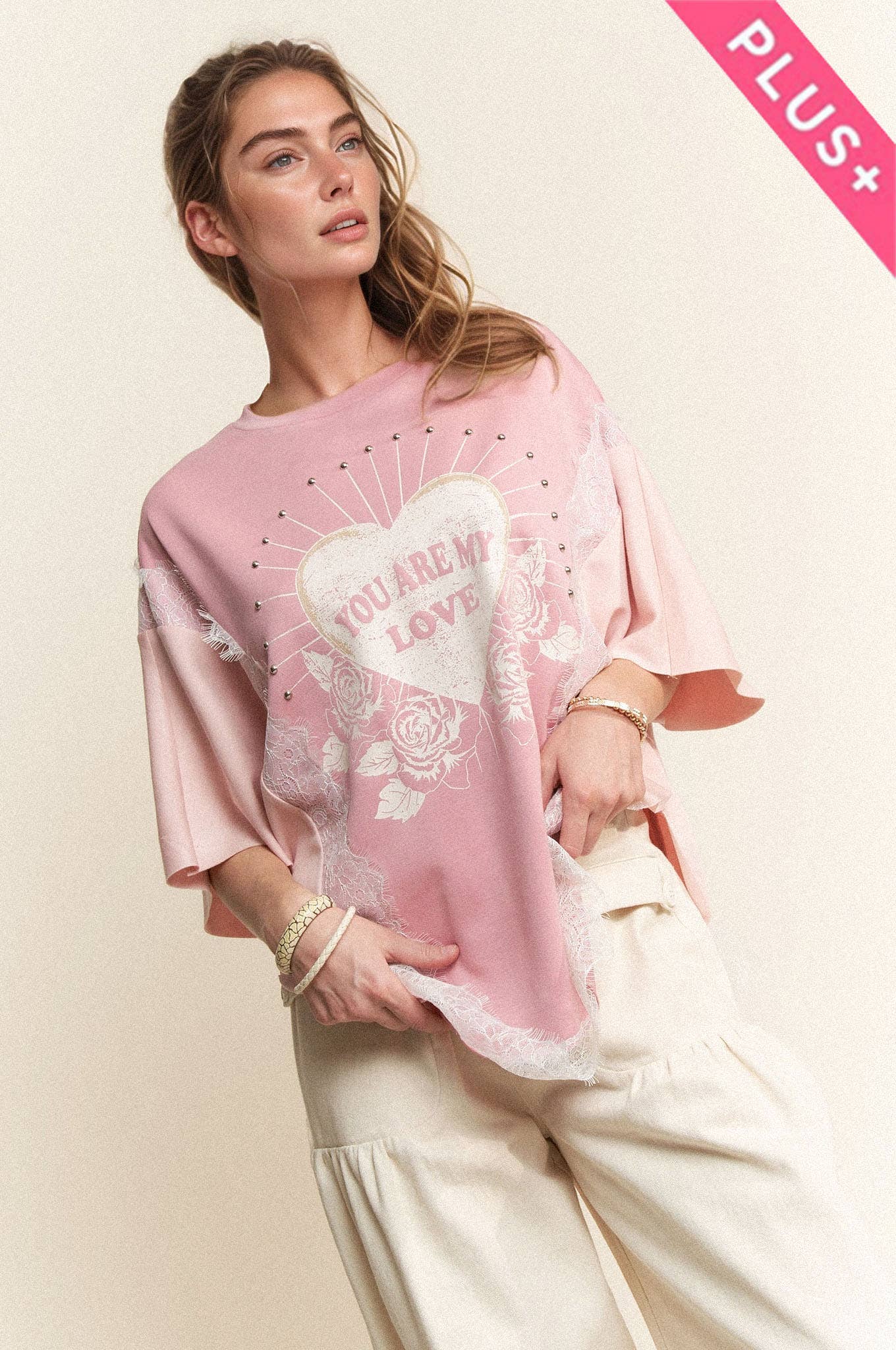 PLUS YOU ARE MY LOVE PRINT LACE SHORT SLEEVE TOP