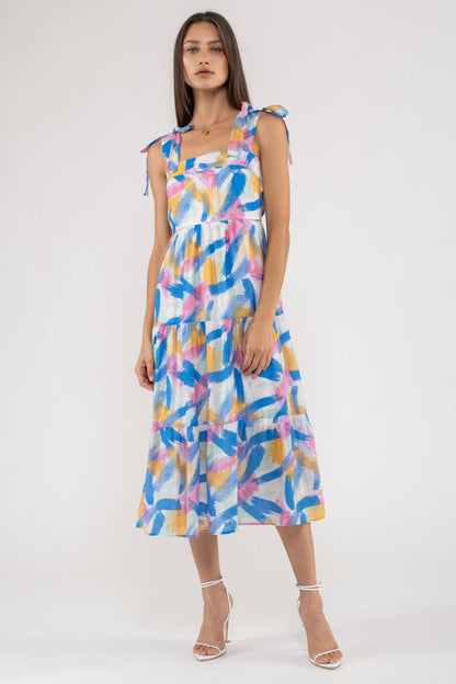 Blu Pepper - BRUSH STROKE PRINT TIERED MIDI DRESS