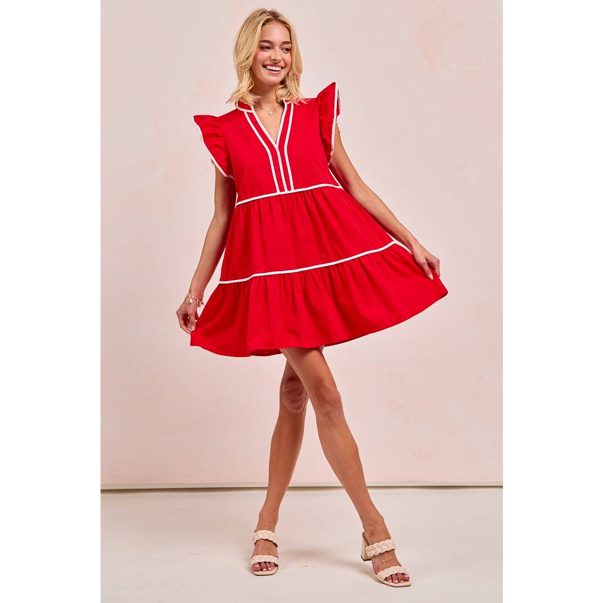 Contrast binding ruffled dress