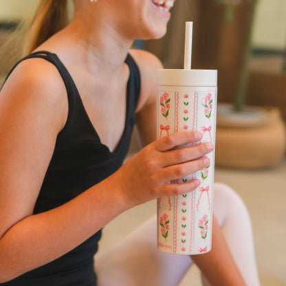 Pippi Post - Pink Floral & Coquette Bows 16oz Skinny Acrylic Tumbler