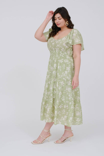 Blu Pepper - PLUS FLORAL SCOOP NECK FLOUNCE SLEEVE MIDI DRESS