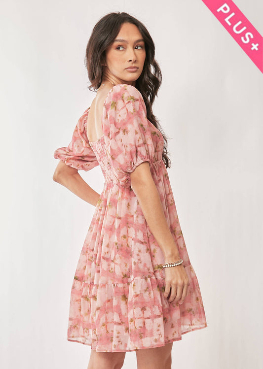 Davi & Dani - PLUS FLORAL BALLOON SLEEVE RUFFLE STRAP MINI DRESS