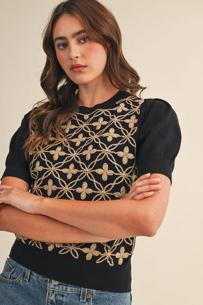 SHORT PUFF SLEEVE EMBROIDERY FRONT SWEATER