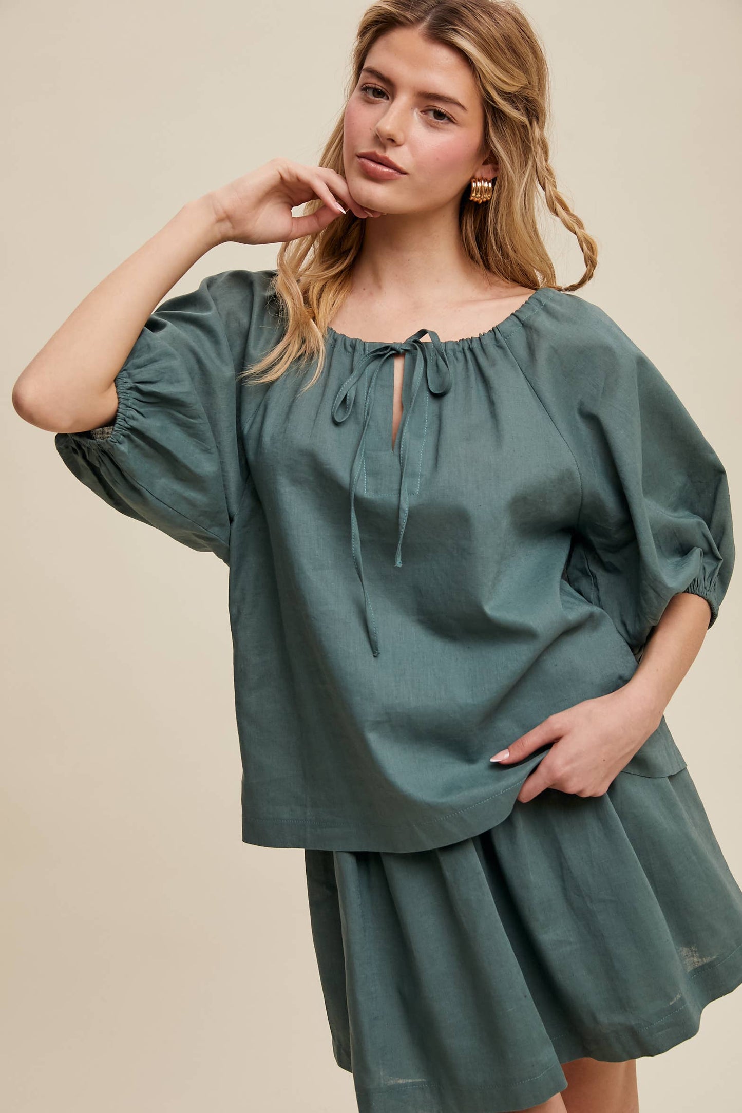 Listicle - Linen Puff Sleeve Blouse & Pleated Skirt Set