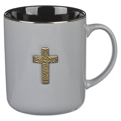 Christian Art Gifts - Mug Gray w/Metal Cross 1 Peter 2:24
