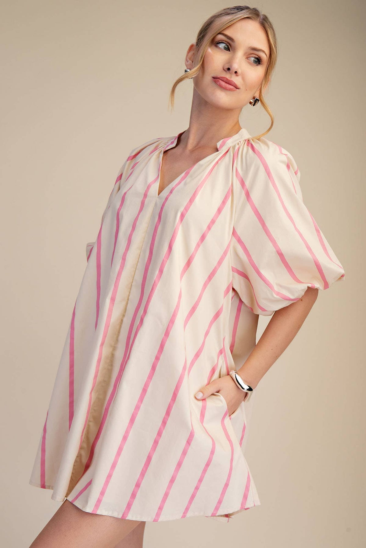 Glam - Puff-Sleeve Stripe Mini Shift Dress