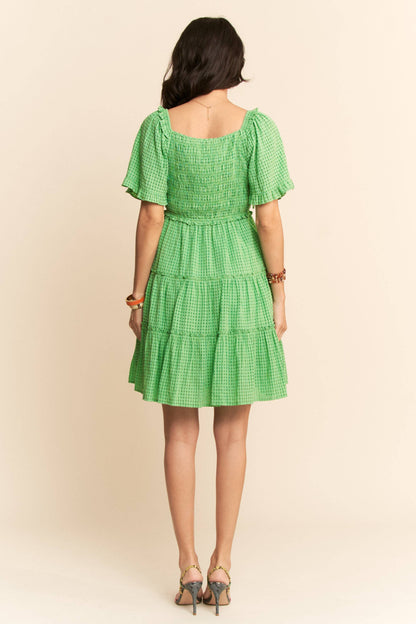 PLUS SMOCKING BODICE RUFFLE SLEEVE TIERED DRESS