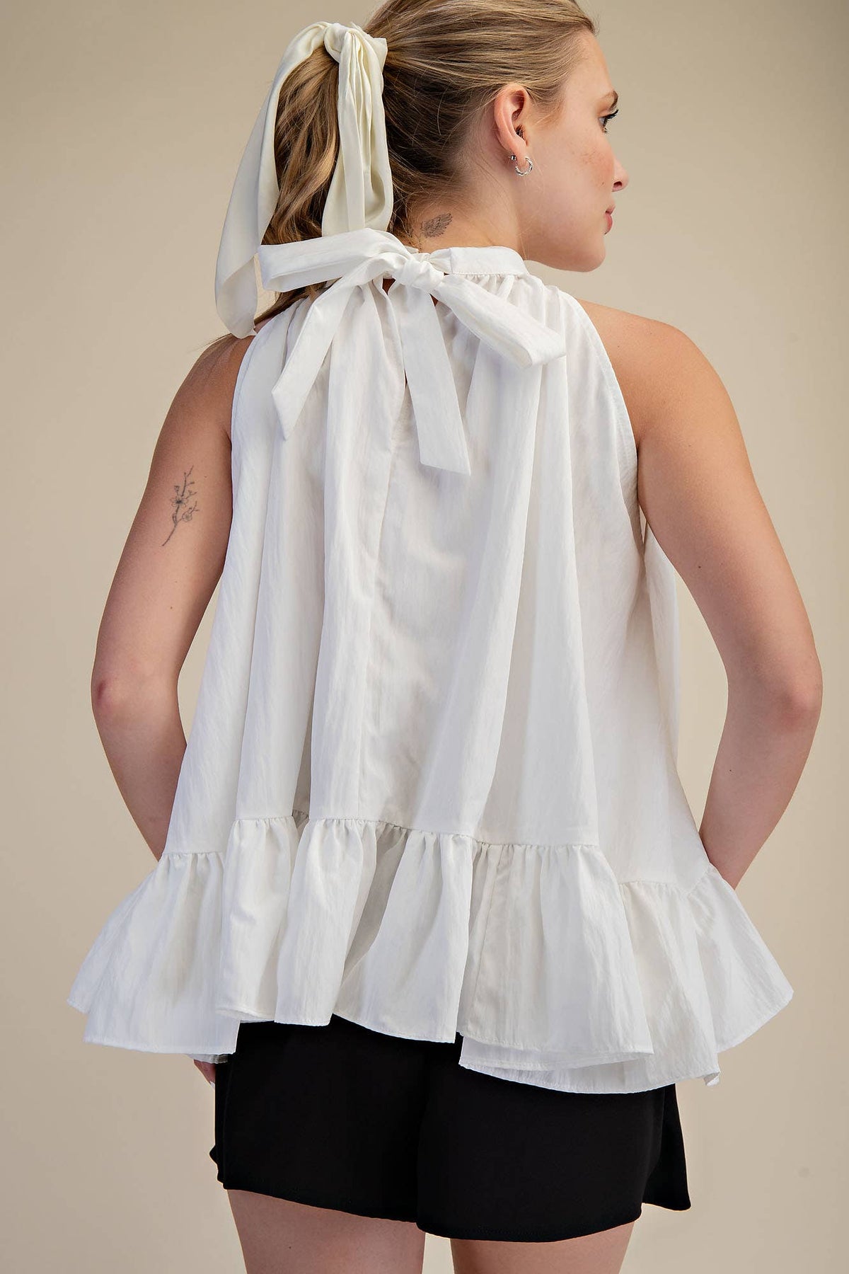 Glam - Halter Neck Sleeveless Back Neck Tie Ruffle Top