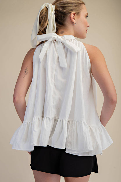 Glam - Halter Neck Sleeveless Back Neck Tie Ruffle Top