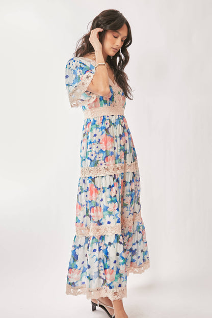 WATER PAINTING FLORAL ZIPPERED MAXI DRESS
