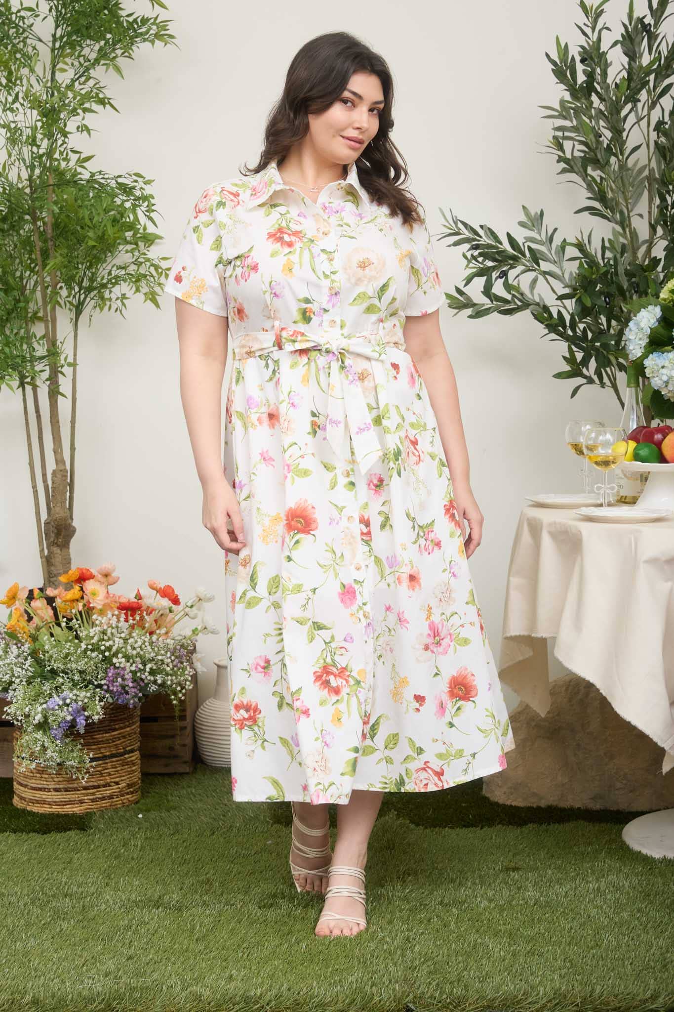 Blu Pepper - PLUS FLORAL SHORT SLEEVE BELTED MIDI SHIRT DRESS