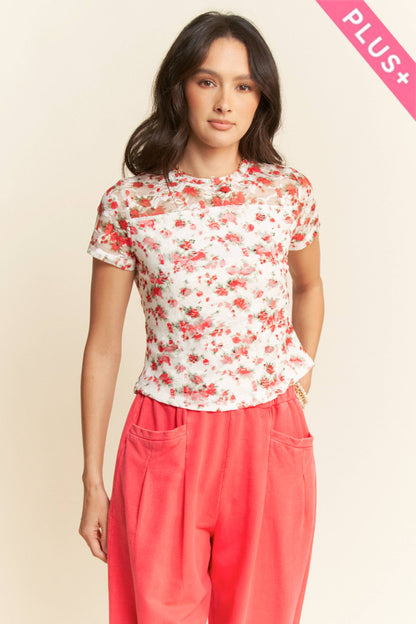 Davi & Dani - PLUS RIBBON SHORT SLEEVE LAYERED MESH TOP
