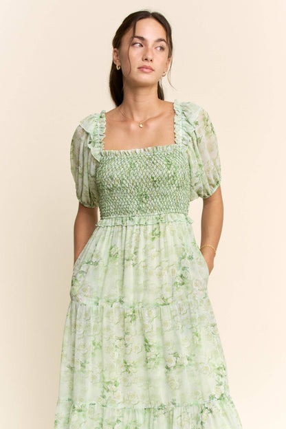 Davi & Dani - SMOCKED SQUARE NECK TIERED FLORAL MAXI DRESS