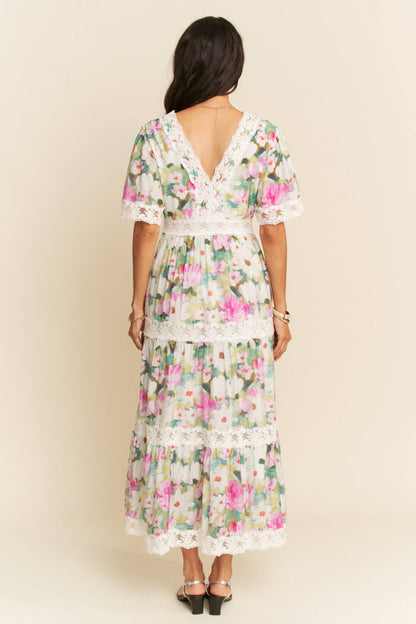 WATER PAINTING FLORAL ZIPPERED MAXI DRESS