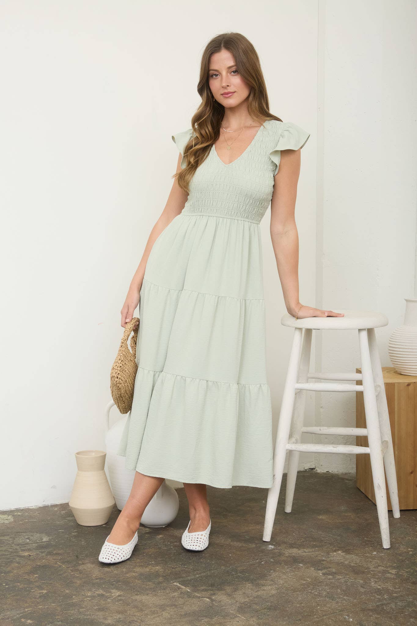 Blu Pepper - FLUTTER SLEEVE V NECK SMOCKED MIDI DRESS