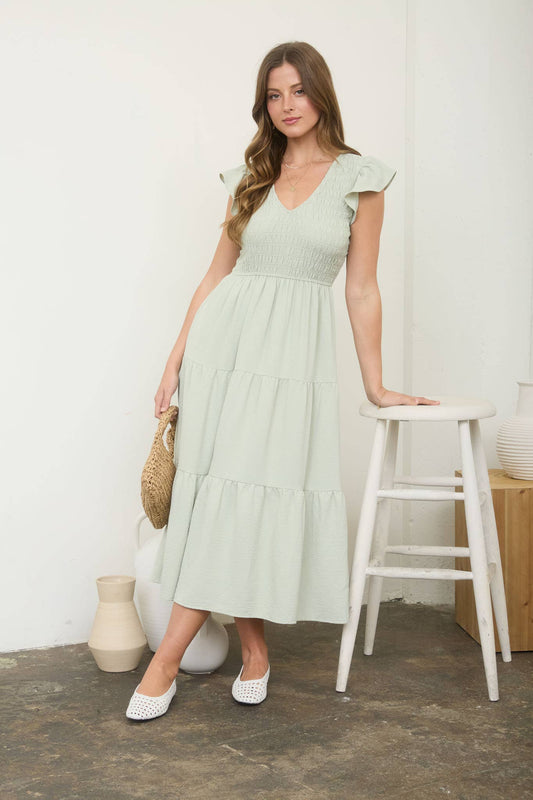 Blu Pepper - FLUTTER SLEEVE V NECK SMOCKED MIDI DRESS