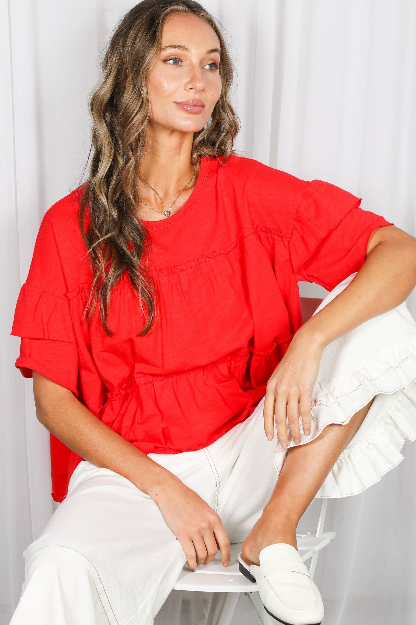 Vine & Love - Ruffle Tired Crew Neck 100%Cotton Top VT83163