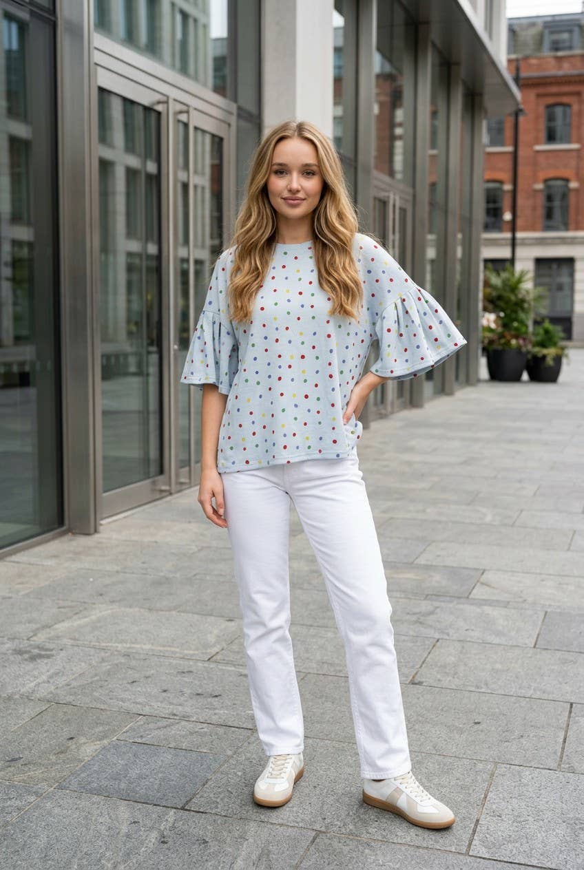 Vine & Love - Colorful Polka Dot Short Ruffle Sleeve Knit Top VT82765A