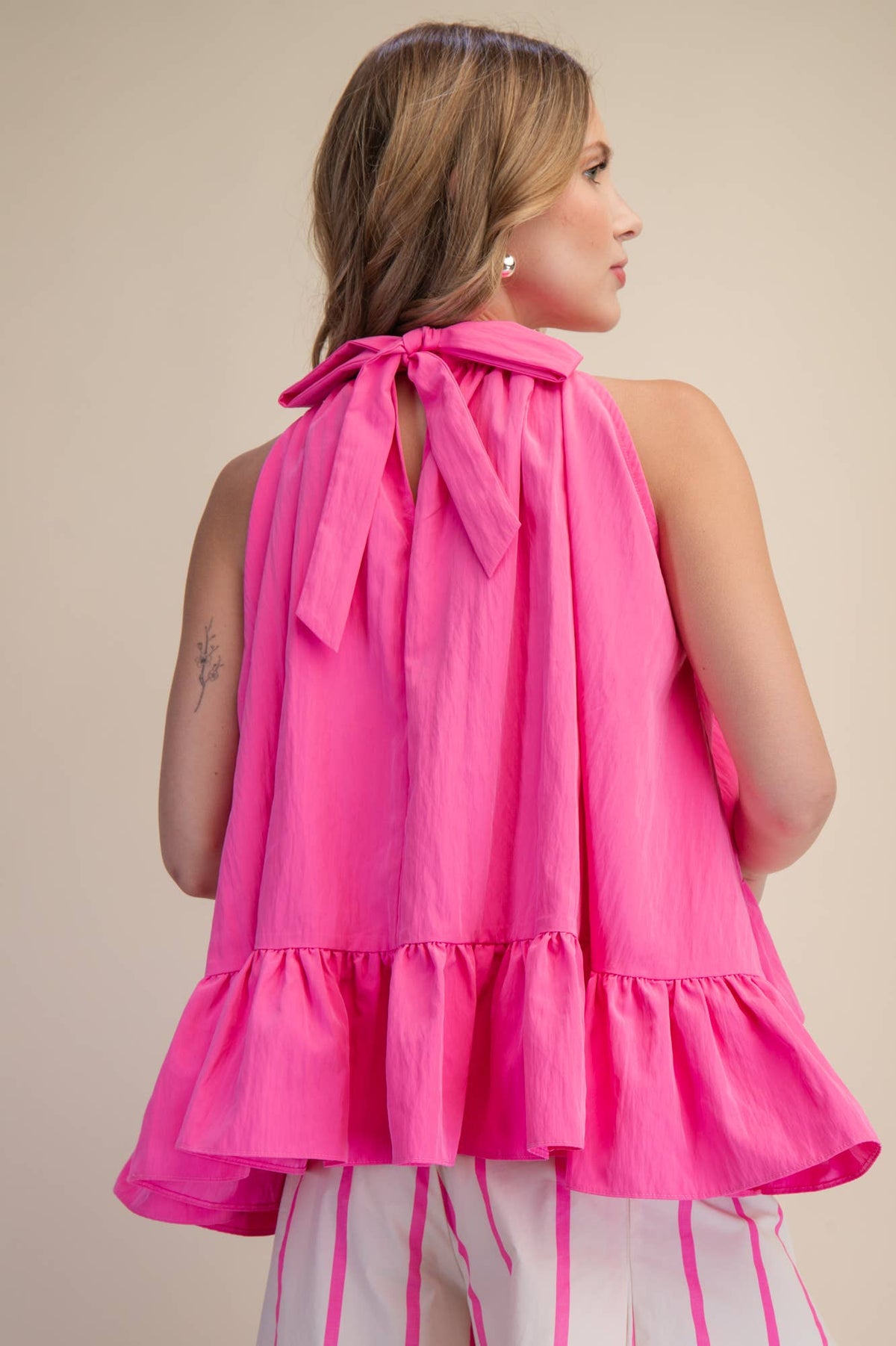 Glam - Halter Neck Sleeveless Back Neck Tie Ruffle Top