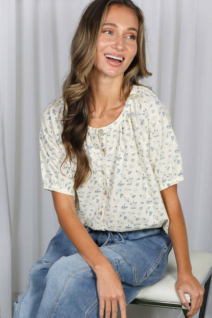 Vine & Love - Floral Print Round Neck 100%Cotton Blouse Top VT60716A