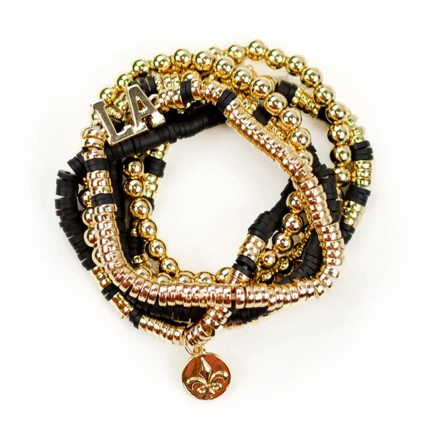 Louisiana Beaded Bracelet Stack Black & Gold
