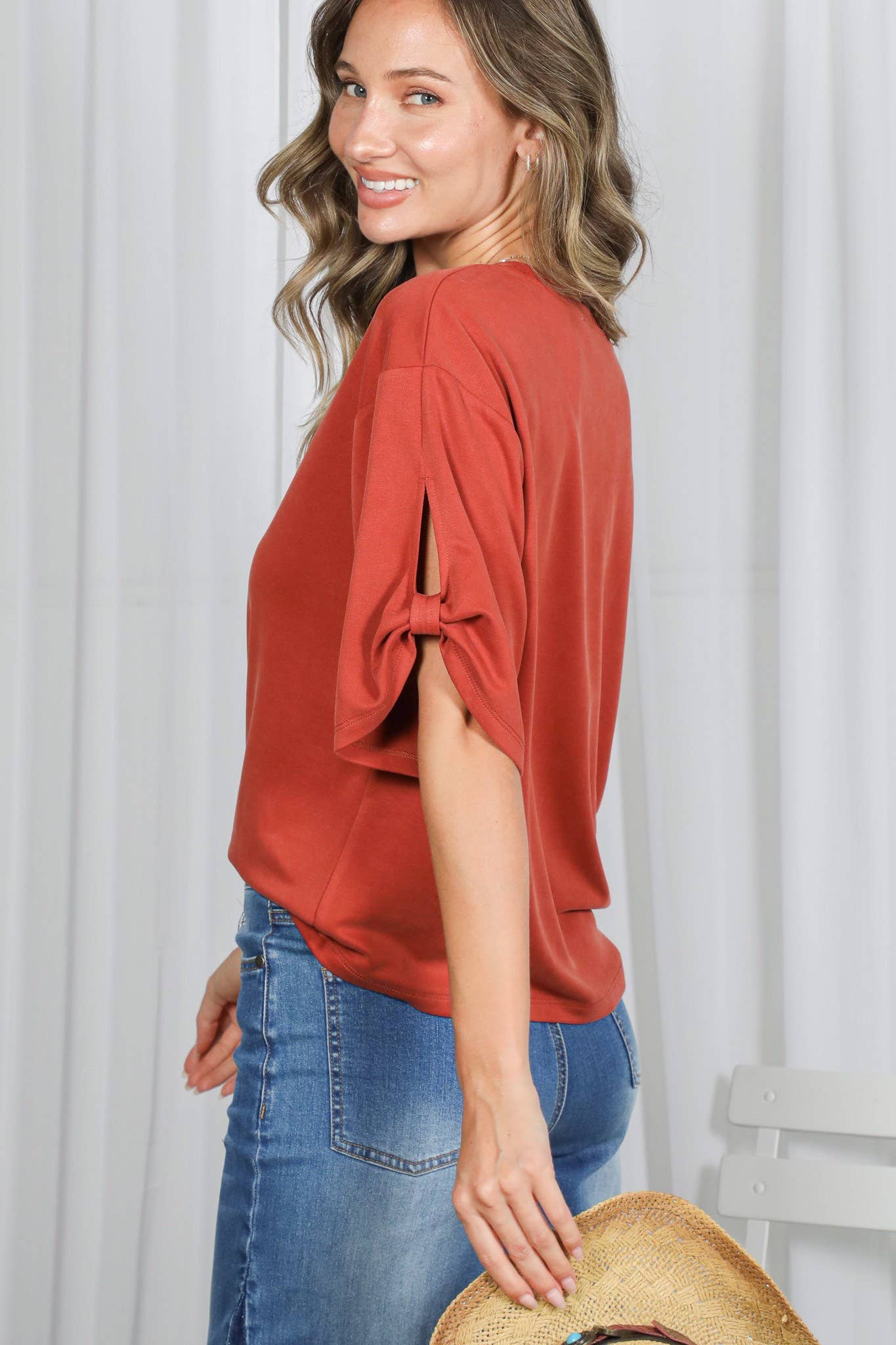 Vine & Love - Tie Accent Sleeve Soft Casual T-Shirt Top VT82907