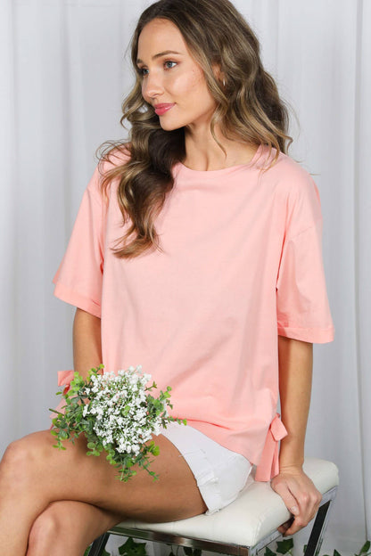 Vine & Love - Bow With Side Slit 100% Cotton Knit Top VT82807-