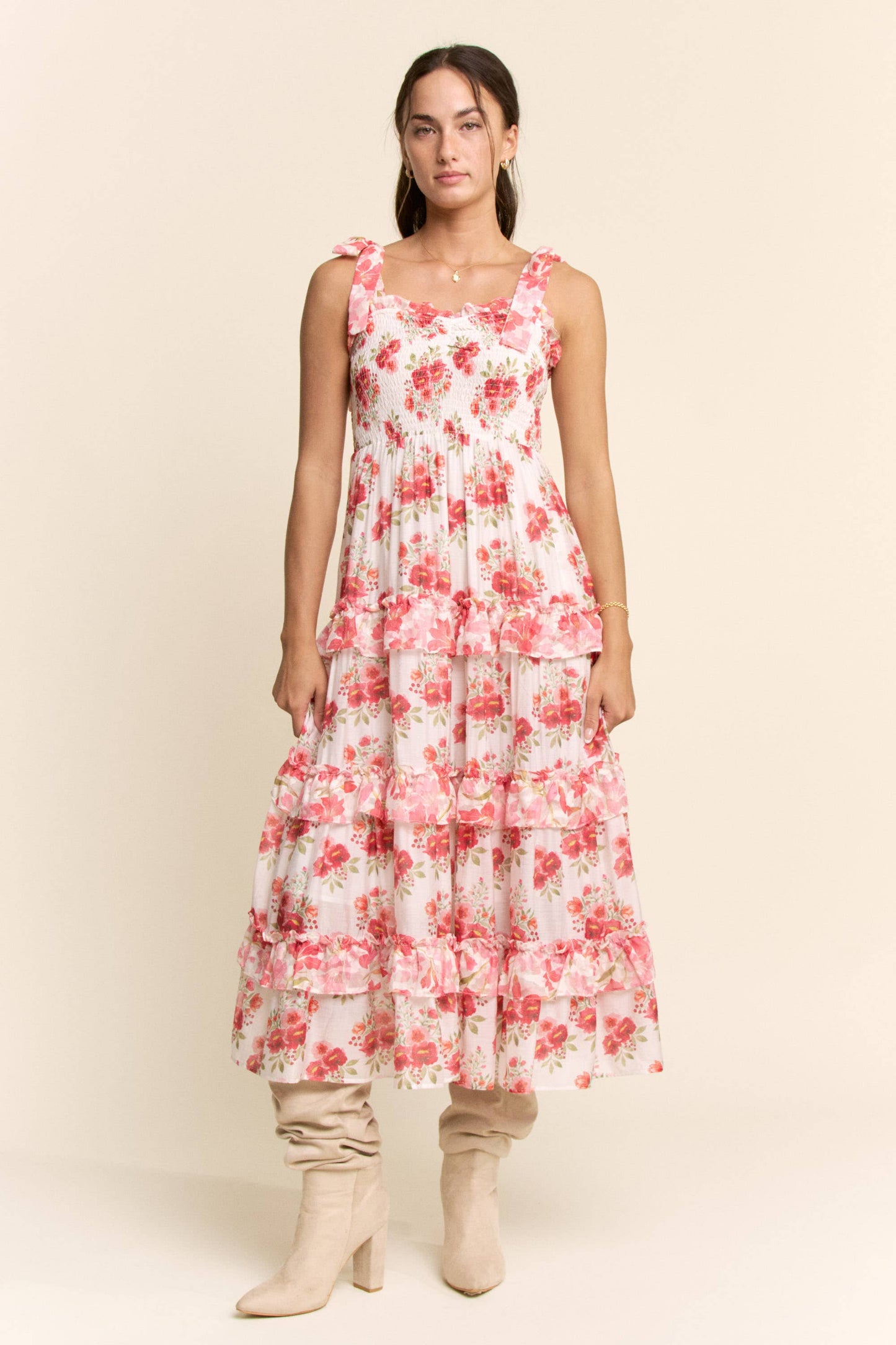 Davi & Dani - GARDEN FLORAL RUFFLE SMOCK SHOULDER MIDI DRESS