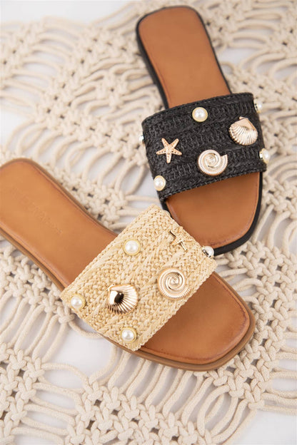 CCOCCI - SONIO-01 Coastal Charm Raffia Slide Sandals with Gold Embell