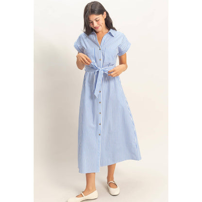 Striped Poplin Belted Shirt Dress With Pockets