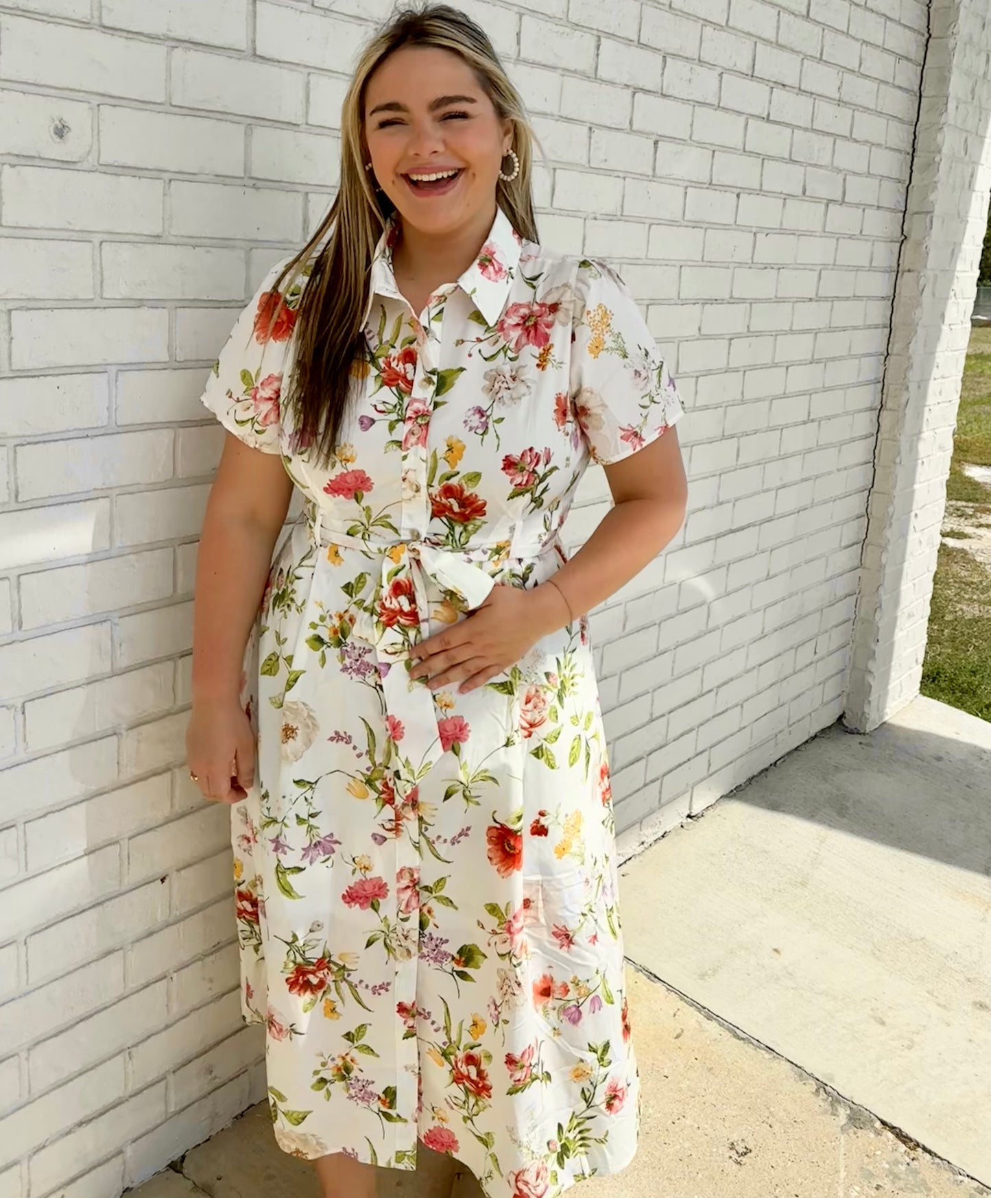 Blu Pepper - PLUS FLORAL SHORT SLEEVE BELTED MIDI SHIRT DRESS