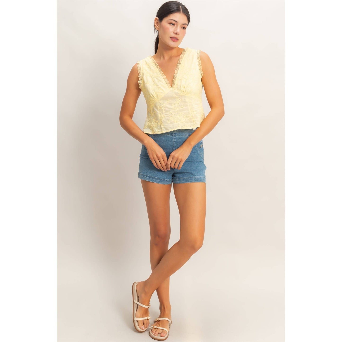 HYFVE - V-Neck Floral Lace Trim Top