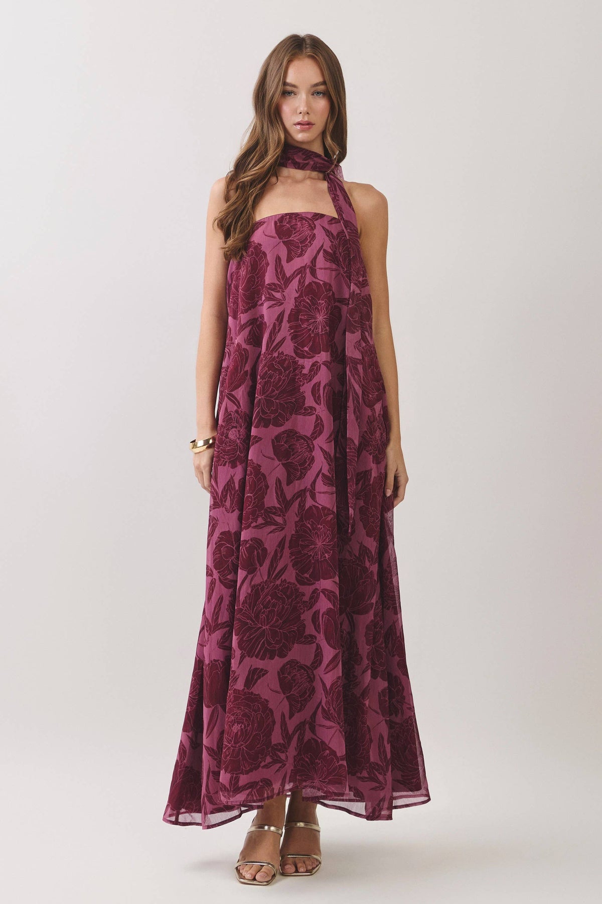 TCEC - CD07487-Floral Print Scarf Maxi Dress