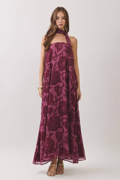 TCEC - CD07487-Floral Print Scarf Maxi Dress
