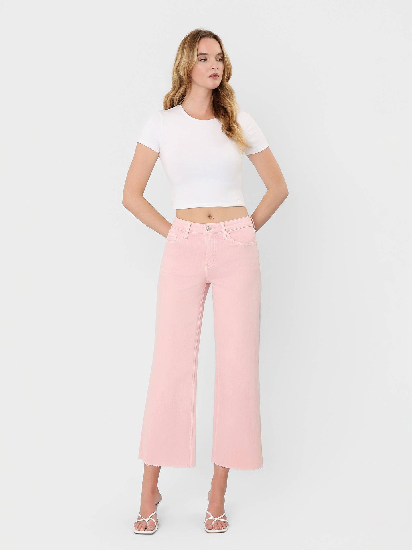 VERVET by FLYING MONKEY - HIGH RISE PALE LILAC COLOR CROP WIDE LEG JEANS T5894PLL