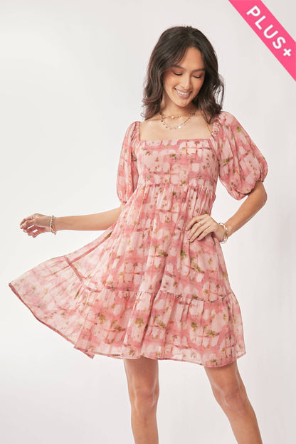 Davi & Dani - PLUS FLORAL BALLOON SLEEVE RUFFLE STRAP MINI DRESS
