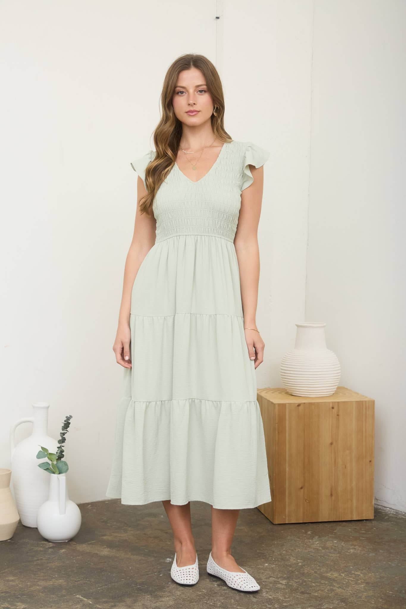 Blu Pepper - FLUTTER SLEEVE V NECK SMOCKED MIDI DRESS