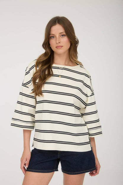 STRIPE RAW EDGE CUFF SLEEVE OVERSIZED KNIT TOP