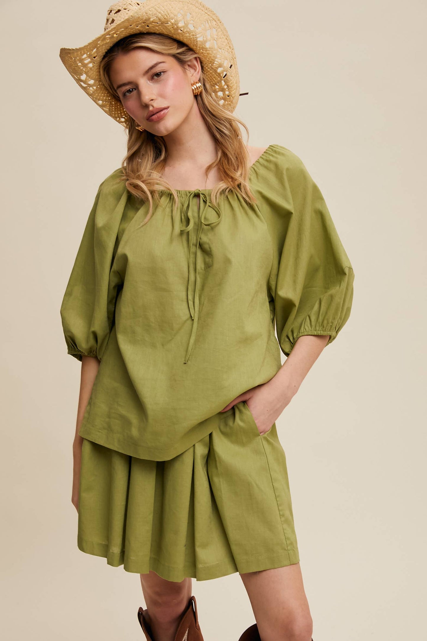 Listicle - Linen Puff Sleeve Blouse & Pleated Skirt Set