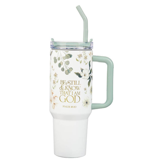Christian Art Gifts - Tumbler w/straw SS Green Ps. 46:10