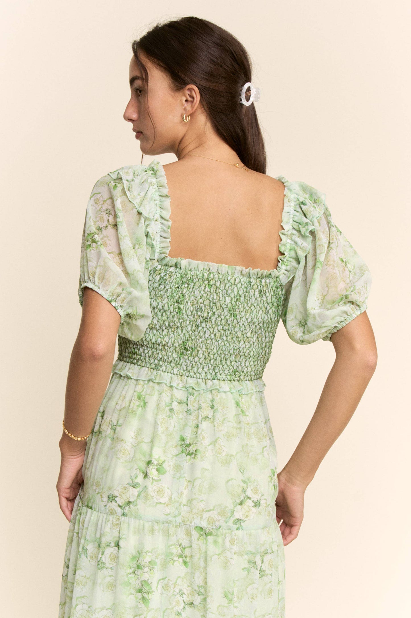Davi & Dani - SMOCKED SQUARE NECK TIERED FLORAL MAXI DRESS