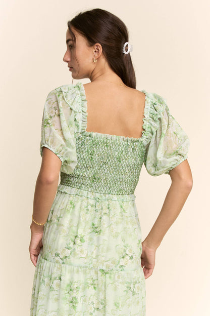 Davi & Dani - SMOCKED SQUARE NECK TIERED FLORAL MAXI DRESS