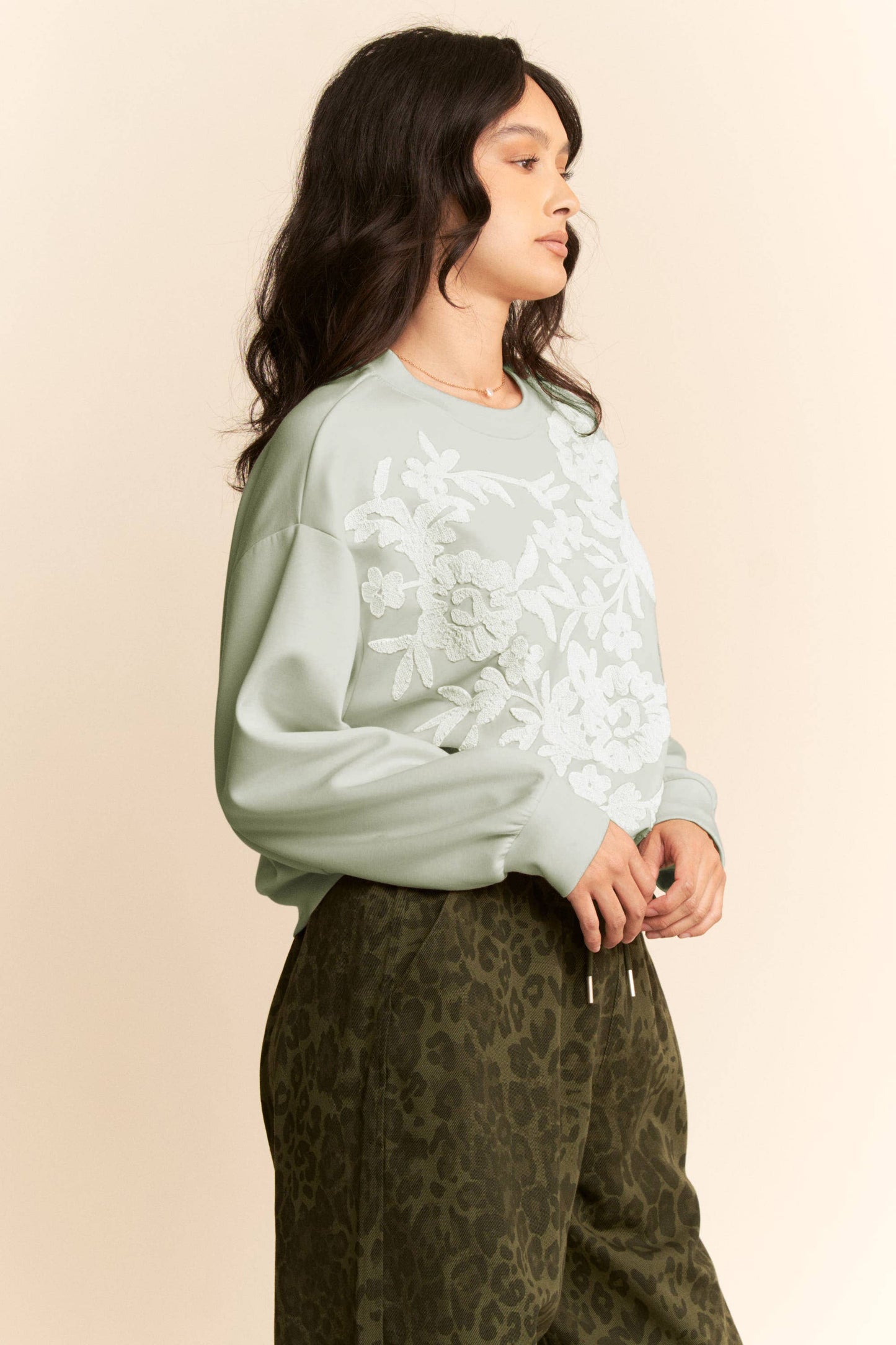 Davi & Dani - SHEER FLORAL FRONT EMBROIDERY ON SELF SWEATSHIRT