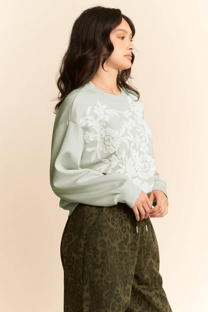 Davi & Dani - SHEER FLORAL FRONT EMBROIDERY ON SELF SWEATSHIRT