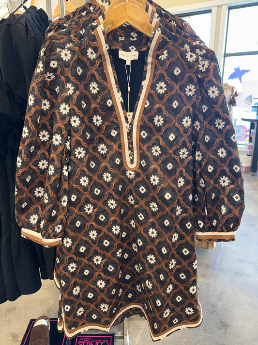 Entro- Brown, Black, Cream Flower Dress