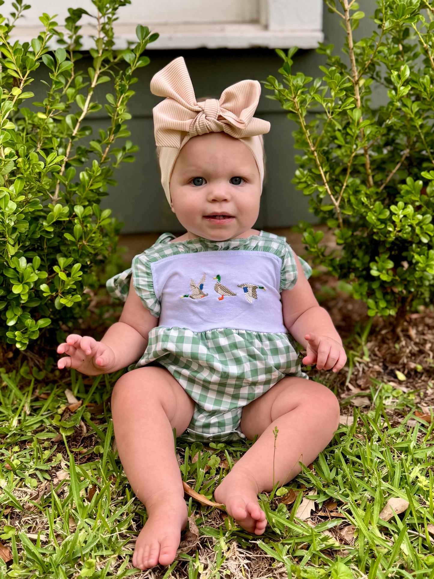 The Shimmer Shack Baby Girl Duck Check Romper