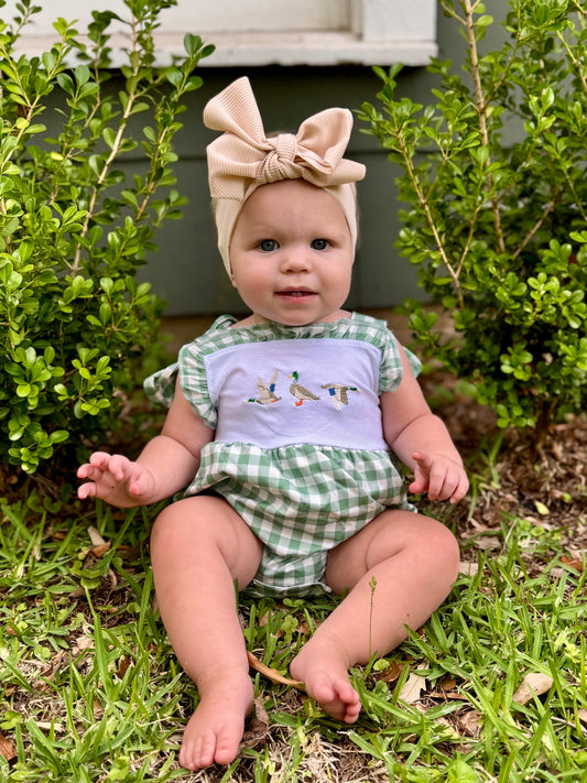 The Shimmer Shack Baby Girl Duck Check Romper