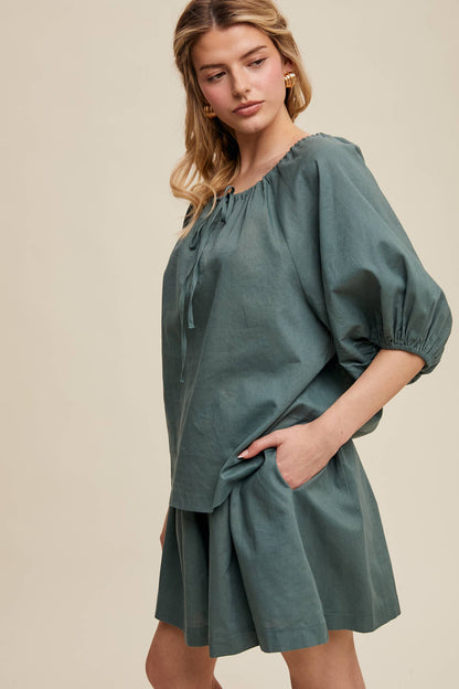 Listicle - Linen Puff Sleeve Blouse & Pleated Skirt Set