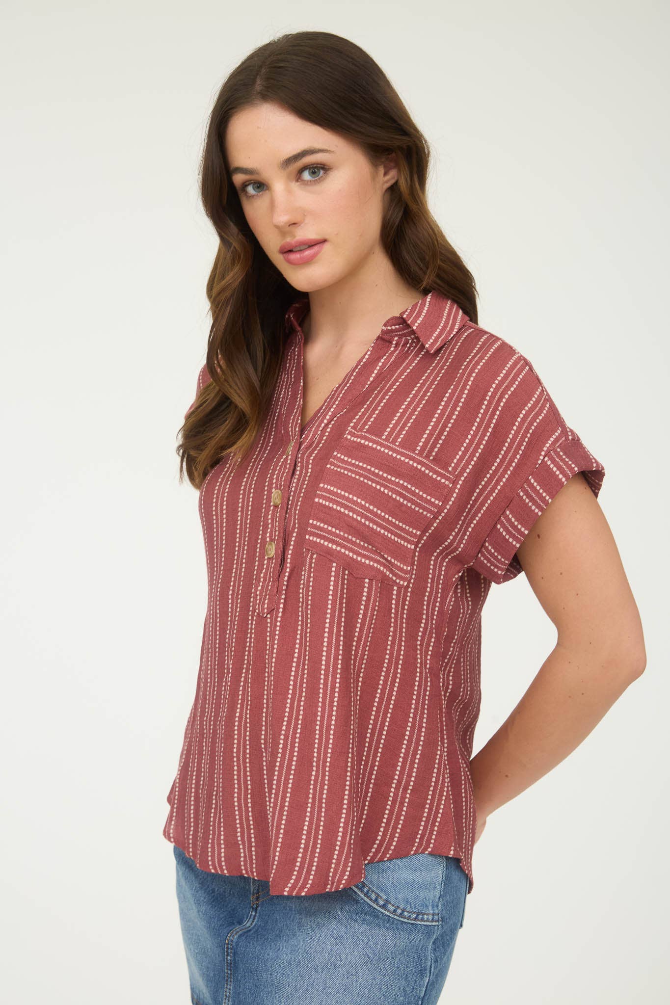 PLUS Stripe Half Button Collared Short Sleeve Top