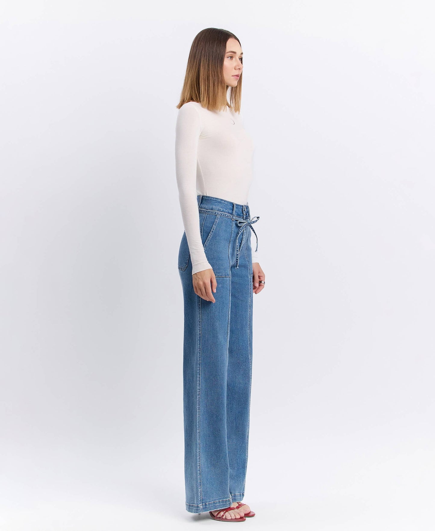 VERVET by FLYING MONKEY - SUPER HIGH RISE TIE WAISTBAND WIDE LEG JEANS T6765